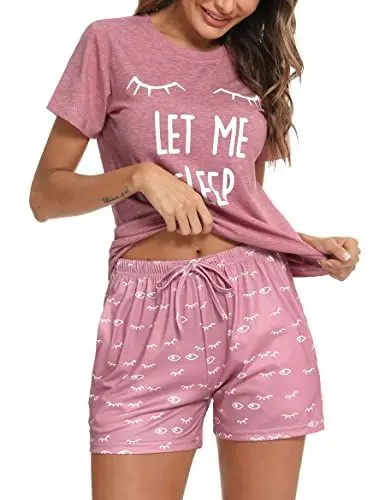 Produktbild: Uniexcosm Schlafanzug Damen Kurz Baumwolle Zweiteiliger Pyjama Set Kurzarm Nachtwäsche Wimperndruck Sleepwear Hausanzug Loungewear Stil 1:Rosa M