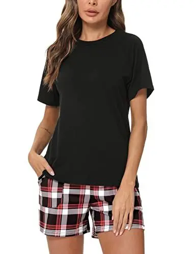 Produktbild: Uniexcosm Schlafanzug Damen Kurz Pyjama Set Baumwolle Zweiteiliger Kurzarm Nachtwäsche Raglanärmel Sleepwear und Karierte Pyjamahose Loungewear Hausanzug A:Schwarz XL