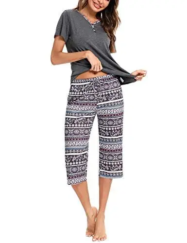 Produktbild: Uniexcosm Schlafanzug Damen Kurz Zweiteiliger Pyjama Set Kurzarm Nachtwäsche Baumwolle Oberteil und 3/4 Hose Sleepwear B:PAT4 M