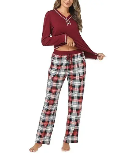 Produktbild: Uniexcosm Schlafanzug Damen Lang Baumwolle Pyjama Set Zweiteiliger Nachtwäsche Set V-Ausschnitt Sleepwear und Karierte Pyjamahose Hausanzug Freizeitanzug Loungewear Stil 2:PAT1 S