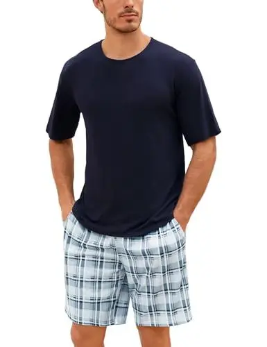 Produktbild: Uniexcosm Schlafanzug Herren Baumwolle Kurz Zweiteiliger Pyjama Set Nachtwäsche Kurzarm Oberteil und Karierte Schlafanzughose Hausanzug Sleepwear A:PAT XXL