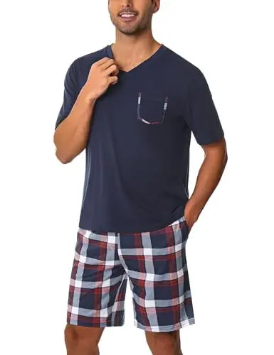 Produktbild: Uniexcosm Schlafanzug Herren Kurz Pyjama Set Baumwolle Zweiteiliger Kurzarm Nachtwäsche Oberteil und Karierte Kurze Hosen Sleepwear für Sommer Dunkelblau L