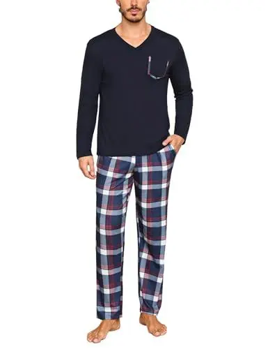 Produktbild: Uniexcosm Schlafanzug Herren Lang Kariert Pyjama Set Zweiteiler Nachtwäsche V-Ausschnitt Langarm Oberteil und Pyjamahose Sleepwear Schlafanzüge für Männer Marineblau L