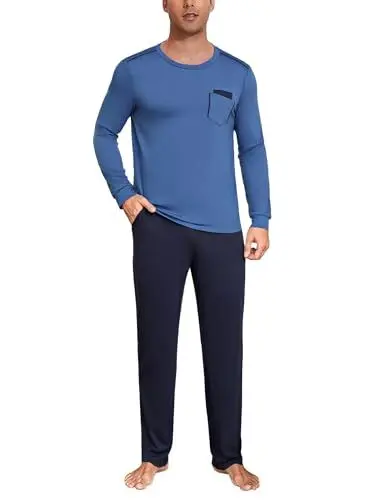 Produktbild: Uniexcosm Schlafanzug Herren Lang Pyjama Set Zweiteiler Herbst Winter Nachtwäsche aus Baumwolle Rundhals Langarm Oberteil und Pyjamahose Schlafanzüge für Männer Kobaltblau L