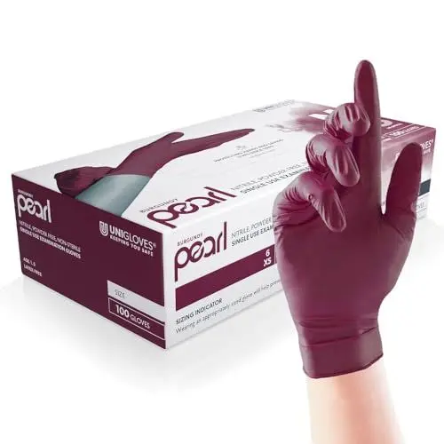 Produktbild: UNIGLOVES Burgundy Pearl Nitril-Untersuchungshandschuhe - vielseitig einsetzbar, puderfreie und latexfreie Einweghandschuhe - Box mit 100 Handschuhen, Burgunderrot, Klein (GP0122)