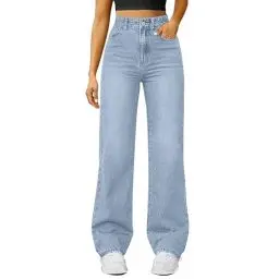 Produktbild: Damen Straight Leg Jeans Baggy Lang Weites Bein Jeanshosen High Waist Leichter Oversize Denimhose mit Knopfleiste Taschen Loose Warm Freizeithose Passform für Wandern (BU2, M)