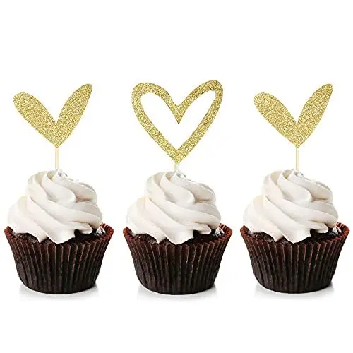 Produktbild: Unimall Global 24Pcs Gold Glitter Herz Cupcake Topper Nettes Design Liebe Cupcake Topper für Hochzeit Braut Jubiläum Baby Dusche Party Dekorationen Lieferungen