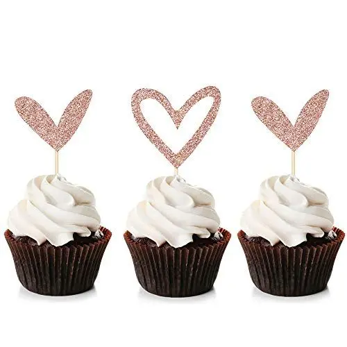 Produktbild: Unimall Global 24 Stück Roségold Glitter Herz Cupcake Topper Nettes Design Liebe Cupcake Topper für Hochzeit Braut Jubiläum Baby Dusche Party Dekorationen Lieferungen