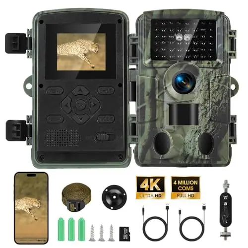 Produktbild: Unimeet Wildkamera mit Bewegungsmelder Nachtsicht, 4K 60MP Wildkamera mit Handyübertragung App und 32GB SD Karte, 0,2s Auslösen und 120° Weitwinkel, 940nm No Glow Infrarot Lampen, IP66 Wasserdicht