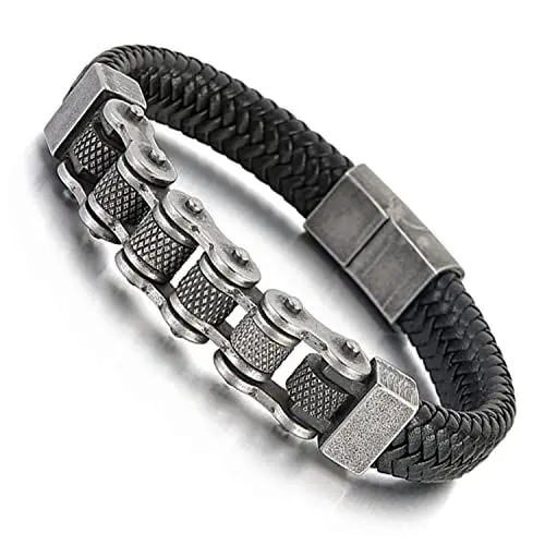Produktbild: UNIQAL | Lederarmband Herren Edelstahl mit Fahrradkette, Motorradkette 