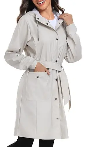 Produktbild: UNIQUEBELLA Damen Trenchcoat Langer Mantel Winddichter Jacke Einfarbig Kapuzenjacke Damenmantel Windjacke Übergangsmantel mit Taschen mit Knöpfen