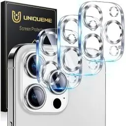 Produktbild: UniqueMe (3 Stück Kamera Schutz für iPhone 15 Pro/iPhone 15 Pro Max Kameraschutz (Kratzfest, Stabil) Militärstandard Pro Max-Klar 9H Härte für iPhone 15 Pro Max/iPhone 15 Pro Kameraschutz-Titan Weiß