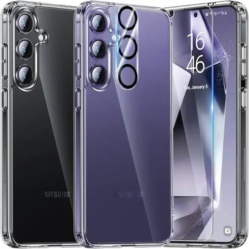 Produktbild: UniqueMe für Samsung Galaxy S24 Hülle, 5-in-1-Set Handyhülle für Samsung S24 Case Rundumschutz Schutzhülle Cover,1 Handyhülle & 2 Schutzfolie & 2 Kameraschutz - Transparent