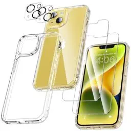 Produktbild: UniqueMe 5-in-1-Set für iPhone 14 Hülle, (Nie Vergilbung) Handyhülle für iPhone 14 Case Rundumschutz Schutzhülle Cover (1 Handyhülle+2 Schutzfolie+2 Kameraschutz) - Transparent