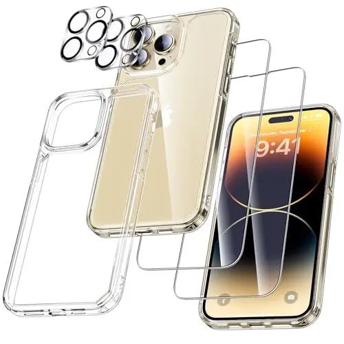 Produktbild: UniqueMe für iPhone 14 Pro Hülle, 5-in-1-Set Handyhülle für iPhone 14 Pro Case Rundumschutz Schutzhülle Cover, 1 Handyhülle & 2 Schutzfolie & 2 Kameraschutz - Transparent
