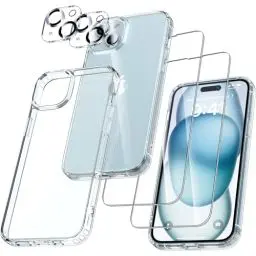 Produktbild: UniqueMe für iPhone 15 Plus Hülle, 5-in-1-Set Handyhülle für iPhone 15 Plus Case Rundumschutz Schutzhülle Cover, 1 Handyhülle & 2 Schutzfolie & 2 Kameraschutz - Transparent