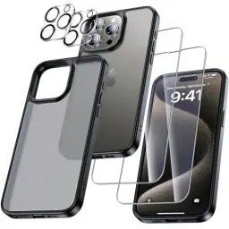 Produktbild: UniqueMe für iPhone 15 Pro Hülle, 5-in-1-Set Handyhülle für iPhone 15 Pro Case Rundumschutz Schutzhülle Cover, 1 Handyhülle & 2 Schutzfolie & 2 Kameraschutz - Schwarz