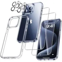 Produktbild: UniqueMe für iPhone 15 Pro Max Hülle, 5-in-1-Set Handyhülle für iPhone 15 Pro Max Case Rundumschutz Schutzhülle Cover, 1 Handyhülle & 2 Schutzfolie & 2 Kameraschutz - Transparent