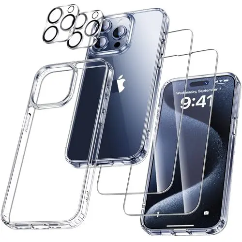 Produktbild: UniqueMe für iPhone 15 Pro Max Hülle, 5-in-1-Set Handyhülle für iPhone 15 Pro Max Case Rundumschutz Schutzhülle Cover, 1 Handyhülle & 2 Schutzfolie & 2 Kameraschutz - Transparent