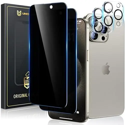 Produktbild: UniqueMe für iPhone 15 Pro Sichtschutz, 2 Stück Sichtschutzfolie und 2 Stück Kameraschutz,Anti-Spy folie Privacy Schutzglas Schutzfolie, 9H Härte, Kratzfest