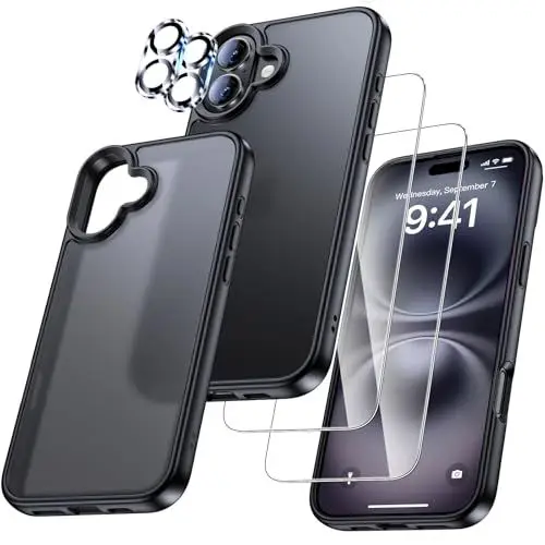 Produktbild: UniqueMe für iPhone 16 Hülle - Handyhülle für iPhone 16 Case, 5 in 1 Set Rundumschutz Schutzhülle Cover,1 Handyhülle & 2 Schutzfolie & 2 Kameraschutz - Schwarz