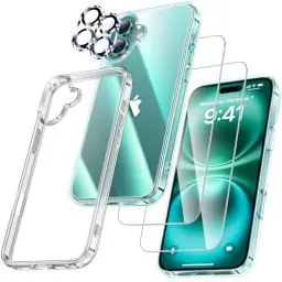 Produktbild: UniqueMe für iPhone 16 Hülle - Handyhülle für iPhone 16 Case, 5 in 1 Set Rundumschutz Schutzhülle Cover,1 Handyhülle & 2 Schutzfolie & 2 Kameraschutz - Transparent