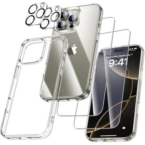 Produktbild: UniqueMe für iPhone 16 Pro Hülle - Handyhülle für iPhone 16 Pro Case, 5 in 1 Set Rundumschutz Schutzhülle Cover,1 Handyhülle & 2 Schutzfolie & 2 Kameraschutz - Transparent
