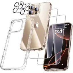 Produktbild: UniqueMe für iPhone 16 Pro Max Hülle - Handyhülle für iPhone 16 Pro Max Case, 5 in 1 Set Rundumschutz Schutzhülle Cover,1 Handyhülle & 2 Schutzfolie & 2 Kameraschutz - Transparent
