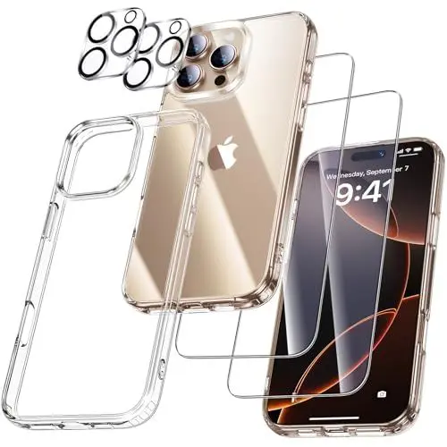 Produktbild: UniqueMe für iPhone 16 Pro Max Hülle - Handyhülle für iPhone 16 Pro Max Case, 5 in 1 Set Rundumschutz Schutzhülle Cover,1 Handyhülle & 2 Schutzfolie & 2 Kameraschutz - Transparent
