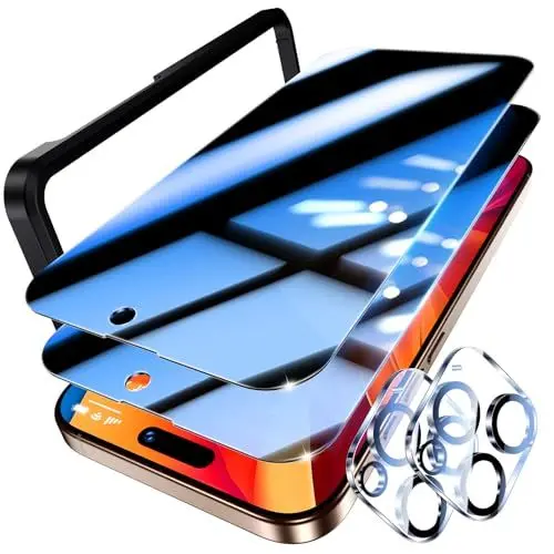 Produktbild: UniqueMe für iPhone 16 Pro für Panzerglas Sichtschutz, 2 Stück Sichtschutzfolie und 2 Stück Kameraschutz,Anti-Spy Folie Privacy Schutzglas Schutzfolie, 9H Härte, Kratzfest
