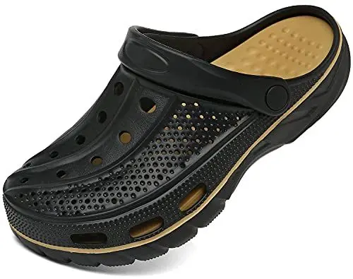 Produktbild: Unisex Clogs Pantoletten Sommer Hausschuhe Strand Sandalen Gartenschuhe mit Fußbett aus Weichem, Schwarz Golden, 46/47 EU (300)