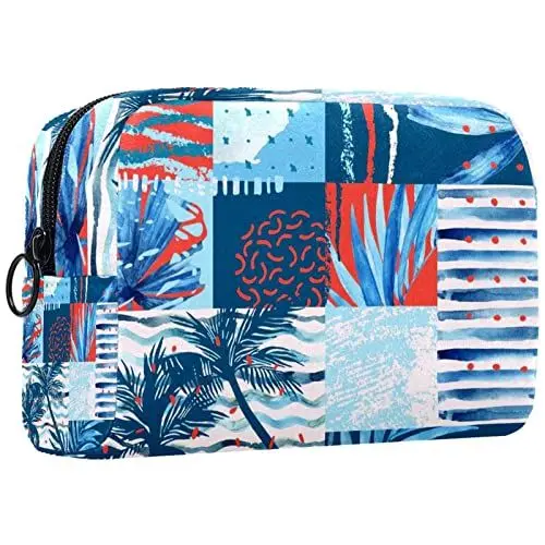 Produktbild: Unisex Kulturbeutel Reise Dopp Kit, Aufbewahrungsbeutel mit Griff für Kosmetik Toilettenartikel Bürsten Werkzeuge,Moderne Blaue geometrische Patchwork Tropische Pflanzen