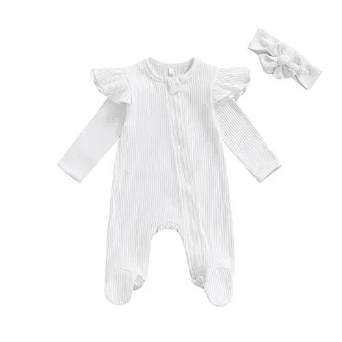 Produktbild: Unisex Neugeborenes Baby Füßiger Pyjama mit Fäustling Bündchen Kleinkind Mädchen Junge Gerippter Strickpullover mit Reißverschluss Strampler + Stirnband (Weiß, 0-3 Monate)