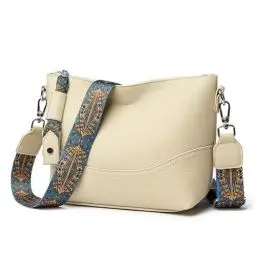 Produktbild: unisoul Handtasche Damen Mittelgroß PU Leder Crossbody Bag mit Breitem Farbigem Gurt Mittelgross Umhängetasche Beige Hobo Schultertasche, Elegant Bucketsachte für Frauen Geschenke(2 gurt)