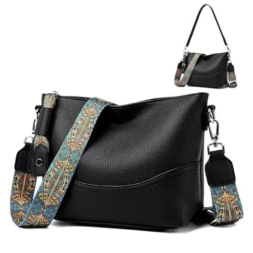 Produktbild: unisoul Handtasche Damen Mittelgroß PU Leder Crossbody Bag mit Breitem Farbigem Gurt Mittelgross Umhängetasche Schwarz Hobo Schultertasche, Elegant Bucketsachte für Frauen Geschenke(2 gurt)