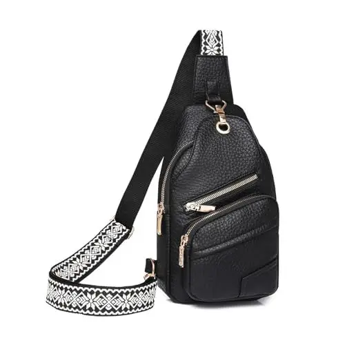 Produktbild: unisoul Sling Bag Damen Kleine Umhängetasche, Damen-Schultertaschen PU Leder Brusttasche Mode Crossbody-Tasche mit Breiter Gurt Handy Umhängen Diebstahlsichere Chest Bag für Outdoorsport(Schwarz)