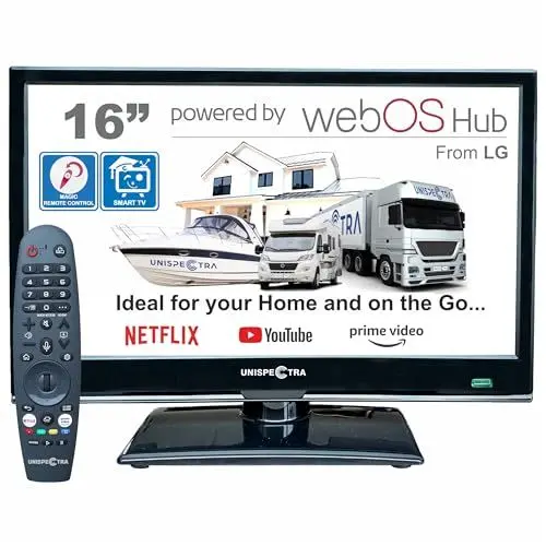 Produktbild: Unispectra® 16“ Smart TV (webOS) Full HD 230V 24V Triple Tuner: Sat, Antenne, Kabel TV, 3xHDMI, 2xUSB, Magic Remote. 12V Fernseher für Wohnmobile, Wohnwagen, LKWs, Lieferwagen, Boote