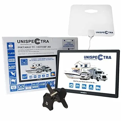 Produktbild: Unispectra® 16” TV Fernseher 12V / 230V HD LED DVB-T/T2 (Frei Empfangbar) Screenmirroring-Technologie USB PVR & Mediaplayer, HDMI. Ideal für Heim, Wohnmobil, Boot, Wohnwagen, Camping, LKW