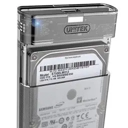 Produktbild: UNITEK Festplattengehäuse für 2,5 Zoll HDD/SSD SATA I/II/III Festplatten, Externe Festplatteschutz, mit eingebautes 3.0 Kabel, werkzeuglose Montage, transparent