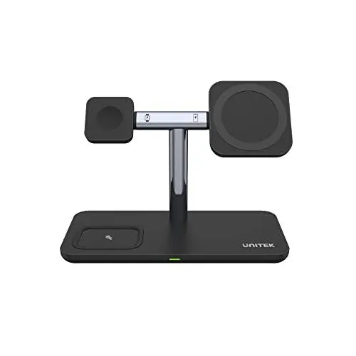 Produktbild: Unitek P1212A MagMighty TRI 3-in-1 teilbarer magnetischer drahtloser Ladeständer | Eingang: 12V3A/ 9V3A/ 5V3A |Upstream USB-C/Ohrstöpsel, Watch-OS smartwatch, Smartphone Magnetic Pad