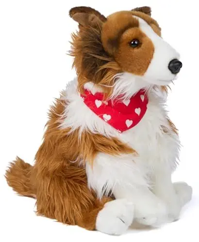 Produktbild: Uni-Toys - Langhaarcollie mit Halstuch (Herzchen-Motiv) - 27 cm (Höhe) - Plüsch-Hund, Collie - Plüschtier, Kuscheltier