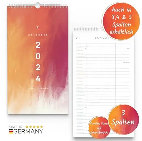 Produktbild: UNITURE® - Kalender für 2 2024 Wandkalender (klimaneutral) 39x22cm - Bunter Familienplaner 3 Spalten zum harmonischen Planen - Familienkalender 3 Personen