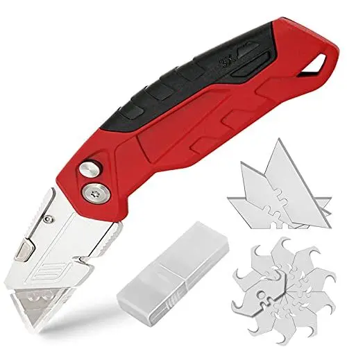 Produktbild: Universalmesser, Portabel Teppichmesser, zusammenklappbares Gebrauchsmesser mit Klingenaufbewahrungsdesign für Kartons und Schachteln（Inklusive 3 Trapezklingen und 10 Hakenklingen） (Rot)