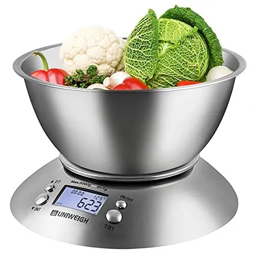 Produktbild: UNIWEIGH Lebensmittel Küchenwaage Schüssel, Digital Gramm und OZ für Kochen, Backen, Diät, Gewichtsverlust, mit abnehmbaren Schüssel 2.15L Volumen, Raumtemperatur, Timer, LCD, Edelstahl, 11lb/5kg