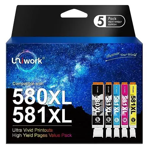 Produktbild: Uniwork 580 581 Multipack XXL Kompatibel für Canon Druckerpatronen 580 581 PGI-580 CLI-581 für Canon TR8550 Druckerpatronen Pixma TS6350a TS6350 TS6150 TS705 TR7550 TS8150 TS8251 TS8250 (5er-Pack)