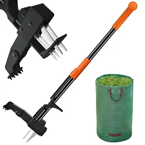 Produktbild: Unkrautstecher zum Aufstellen – 101,6 cm Langer Unkrautstecher + Gartentasche, 4 Krallen aus Edelstahl und klappbarem Fußbrett, einfache Unkrautentfernung, kein Bücken