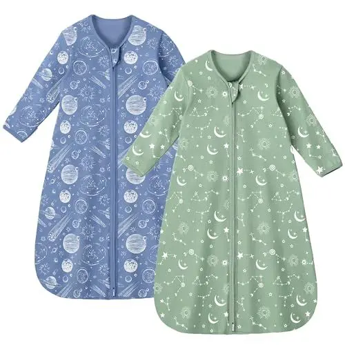 Produktbild: Unnivoll 2er Pack Baby Schlafsack Sommer mit Ärmel 0.5 Tog Sommerschlafsack 100% Baumwolle Babyschlafsack 6-12 monate 78 cm für Jungen Mädchen Neugeborene Blaue Grün Konstellation