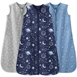 Produktbild: Unnivoll 3er Pack Schlafsack Baby Sommer 0.5 Tog 100% Baumwolle Sommerschlafsack Babyschlafsack 0-6 monate 67 cm für Jungen Mädchen Neugeborene Grauer Blauer Planet