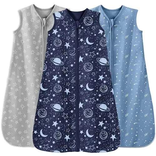 Produktbild: Unnivoll 3er Pack Schlafsack Baby Sommer 0.5 Tog 100% Baumwolle Sommerschlafsack Babyschlafsack 0-6 monate 67 cm für Jungen Mädchen Neugeborene Grauer Blauer Planet