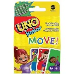 Produktbild: UNO Junior Move! - Aktive Variante des Kartenspiels, 3 Schwierigkeitsstufen für Einstieg jüngerer Spieler, Bewegungskarten, für Kinder ab 3 Jahren, HNN03